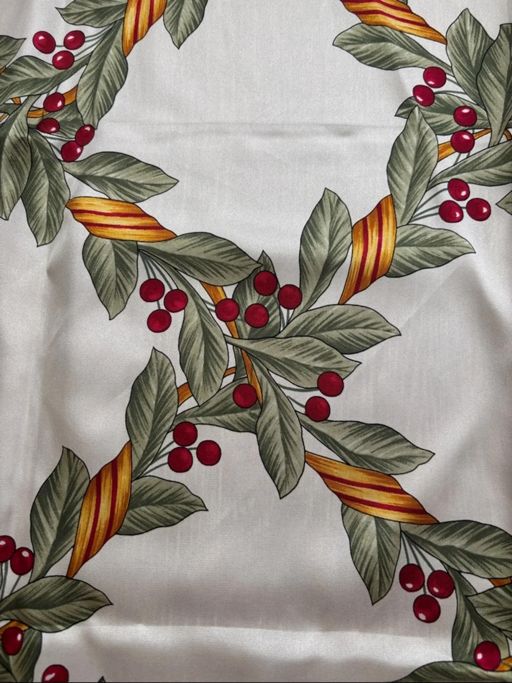Vintage Oscar de la Renta Silk Scarf, Cream Holly Berry Holiday Print 34